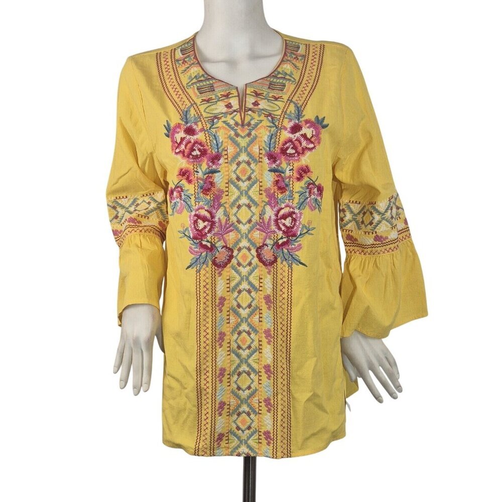 Calessa Women's V-Neck 3/4 Sleeve Yellow Embroidered Top Tunic Size L New 53,2